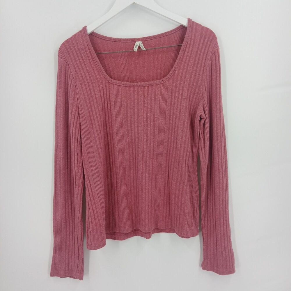 Mudd Womens XL Mauve Pink Ribbed Knit Scoop Neck Long Sleeve Top Raw Hem